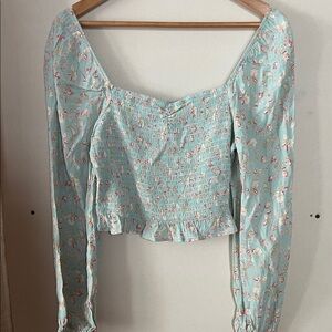 Forever 21 Light Aqua Floral Smocked Crop Top